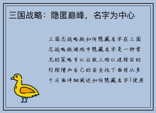 三国战略：隐匿巅峰，名字为中心